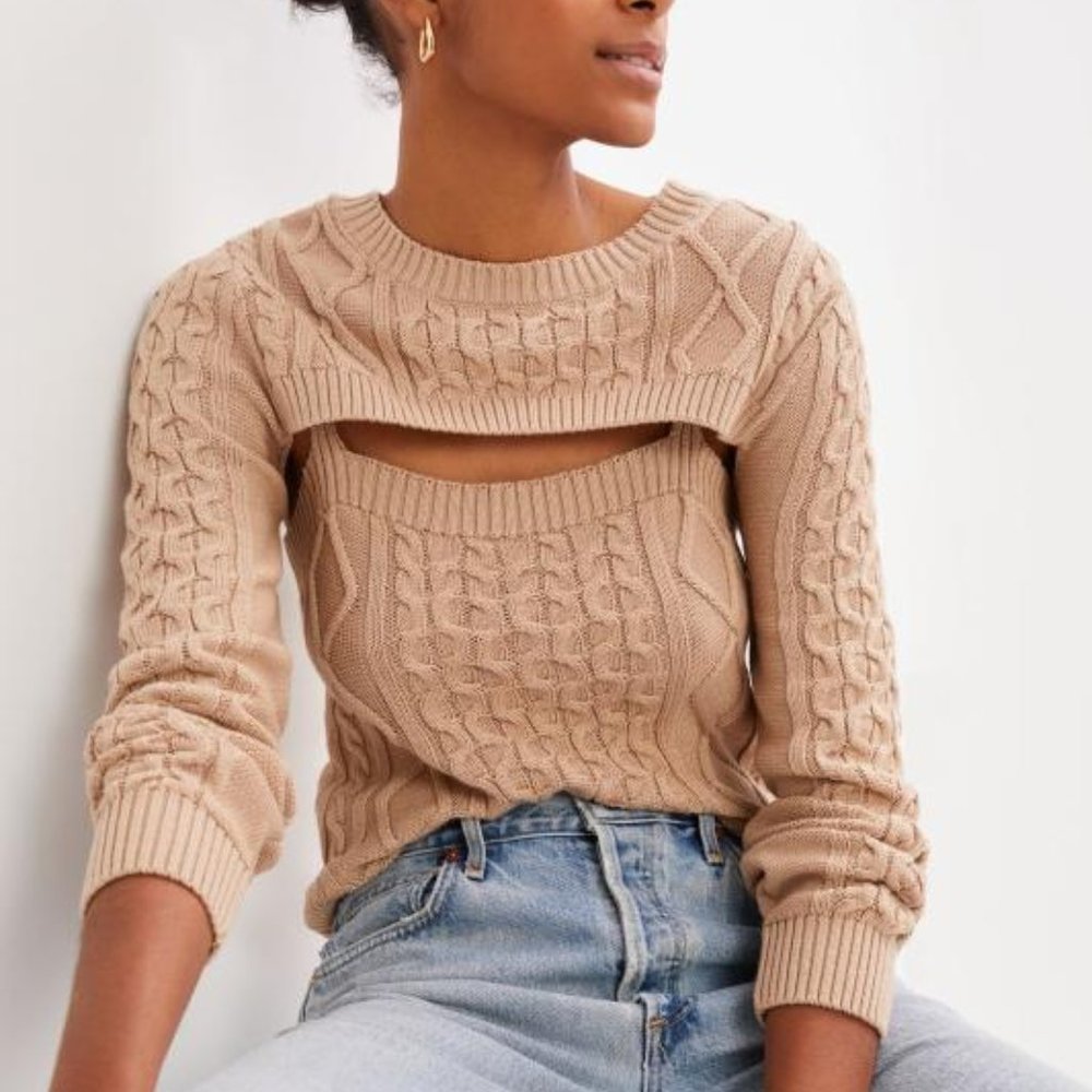 Anthropologie Cable Knit Sweater Tank Cut Out Shrug Set Neutral Tan